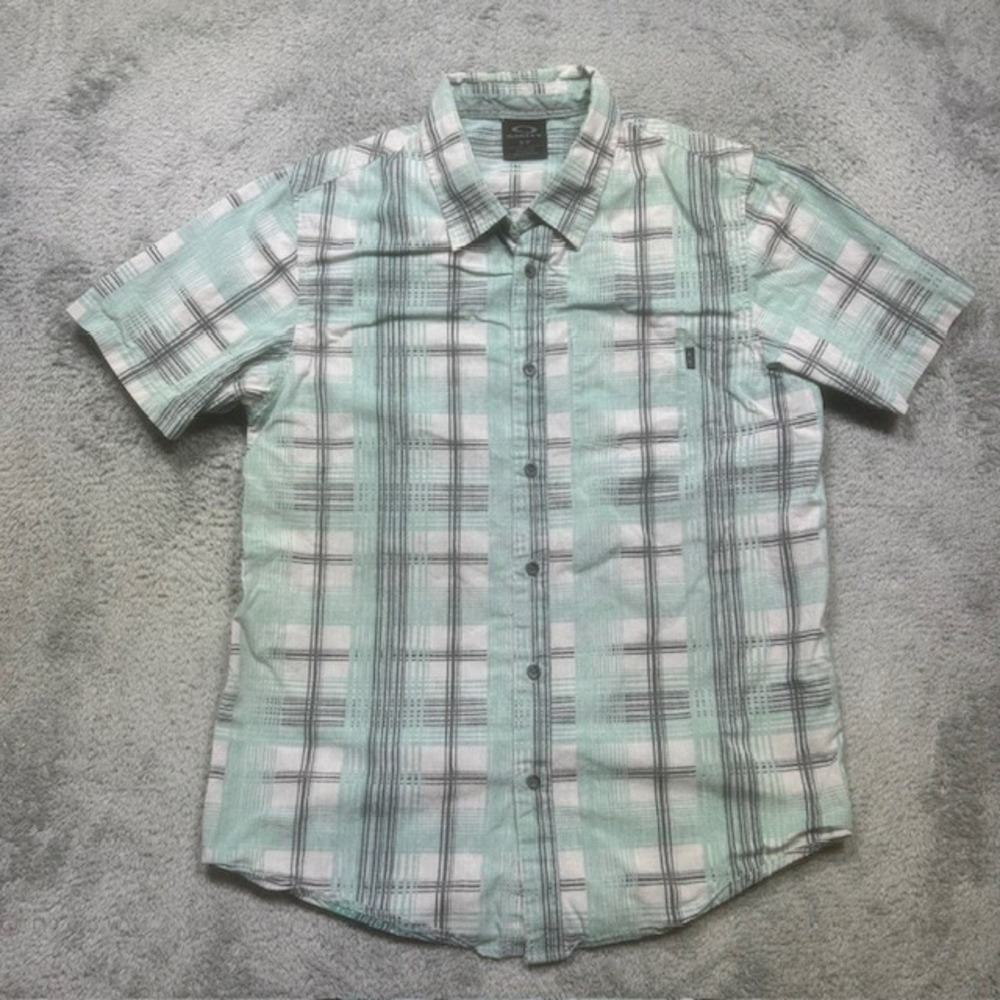 Oakley Shirt Men's S Green Black White Short Sleeve Plaid Button Up Pocket EUC